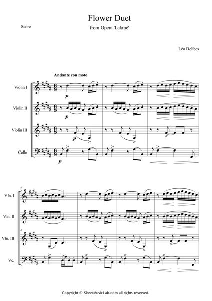 Flower Duet From Opera Lakme By Leo Delibes String Quartet Digital Sheet Music Sheet