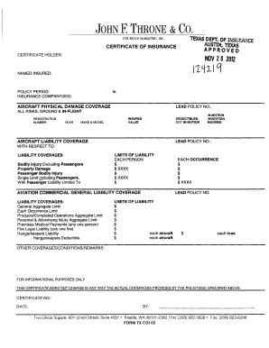 Fillable Online John F Throne Certificate Of Insurance Form Tx Coi