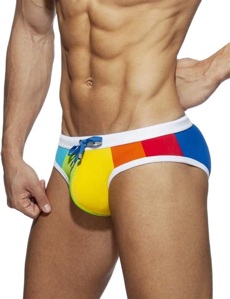 MIZOK Men S Rainbow Strips Nylon Bikini Swim Briefs Drawstring Sexy Low