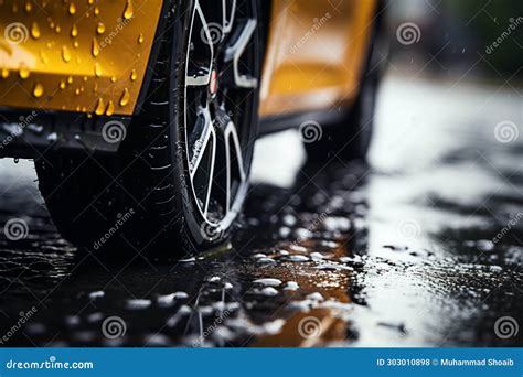 Wet Traction Close Up Of Car Tires Gripping Rain Soaked Pavement Stock