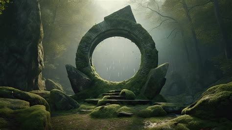 Premium AI Image | Round stone portal in the forest an abandoned temple ...