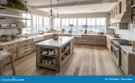 Interior Deisgn Of Kitchen In Coastal Style With Ocean View Stock