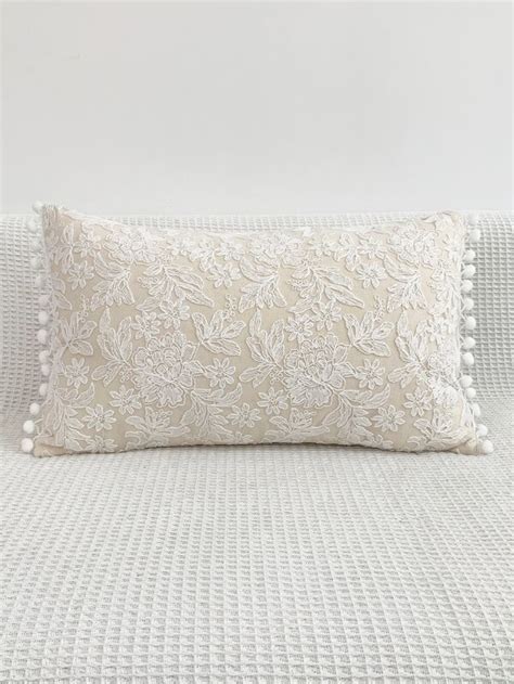 Pc Floral Embroidered Pom Pom Decor Cushion Cover Without Filler