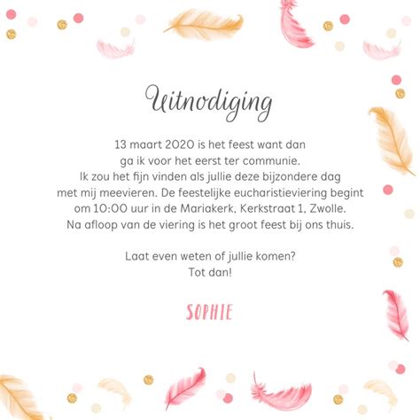 Uitnodigingskaart Veertjes Confetti Communie Kaartje Go