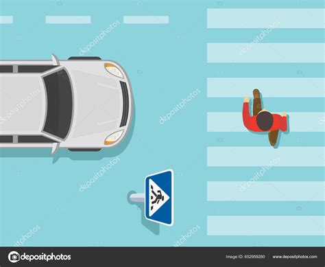 Male Character Crossing Street Crosswalk Top View Two Lane Road Stock