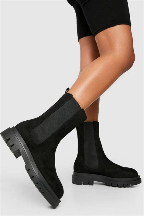 Wide Fit Calf High Chunky Sole Chelsea Boots Boohoo Uk