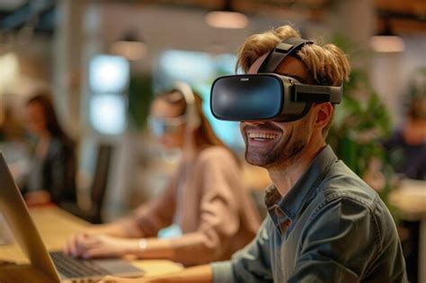 Premium Photo A Man Wearing Vr Glasses In The Office