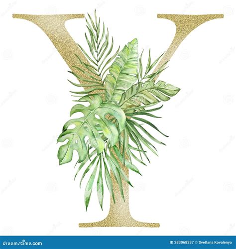 Letter Y Decorated With Watercolor Tropical Leaves Stock Illustration