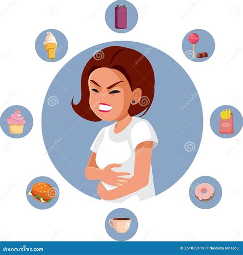 Woman Eating Fast Food Feeling Constipated Vector Illustration
