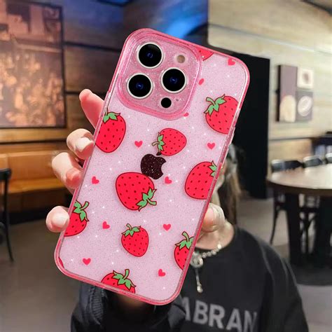 Mzelq For Iphone 15 Pro Case Strawberry Bling Glitter Cute