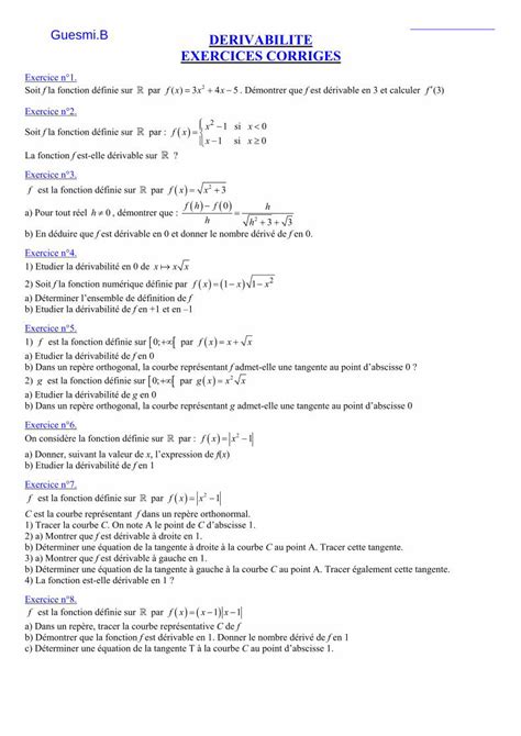 Pdf Guesmi B Derivabilite Exercices Corrigesmaths Simplifie Meabilis