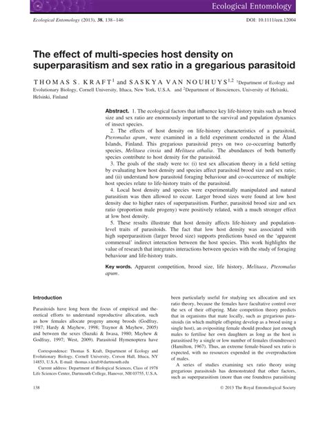 Pdf The Effect Of Multi Species Host Density On Superparasitism And Sex Ratio In A Gregarious