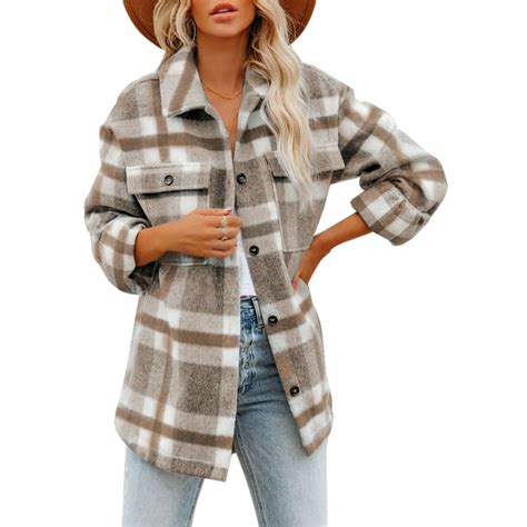 Shewin Women S Shacket Plaid Jacket Button Down Coats Long Sleeve Shirts Blouses Outwear Tops