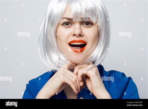 Pretty Blonde Red Lips Emotions Hands Near Face Cropped View Isolated Background Stock Photo Alamy