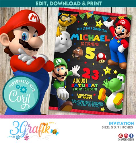 Super Mario Bros Digital Birthday Invitation Card Printable Off