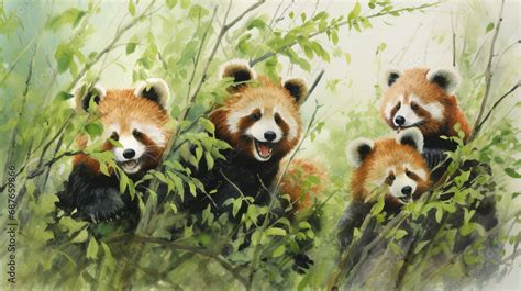 Red Panda Reverie: A charming scene of red pandas in a bamboo thicket, drawing attention to the ...