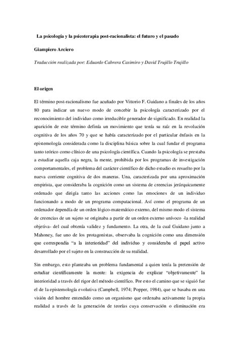 Pdf La Psicología Y La Psicoterapia Post Racionalista El Futuro Y El