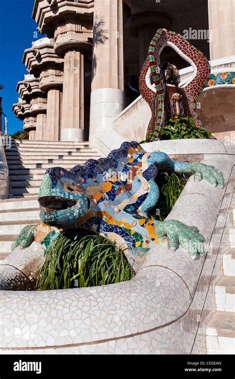 The Mosaic Dragon Fountain By Antoni Gaudi Parc Guell Barcelona