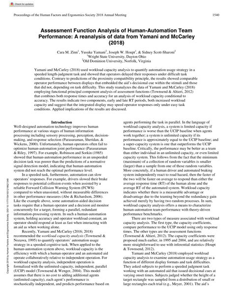 PDF Assessment Function Analysis Of Human Automation Team Performance