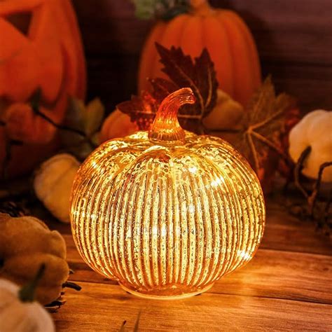 Mercury Glass Light Up Pumpkin With Timer Fall Decoration For Home Halloween