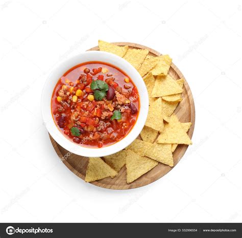 Bowl Tasty Chili Con Carne Nachos White Background Top View Stock