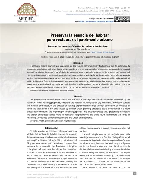 Pdf Preservar La Esencia Del Habitar Para Restaurar El Patrimonio