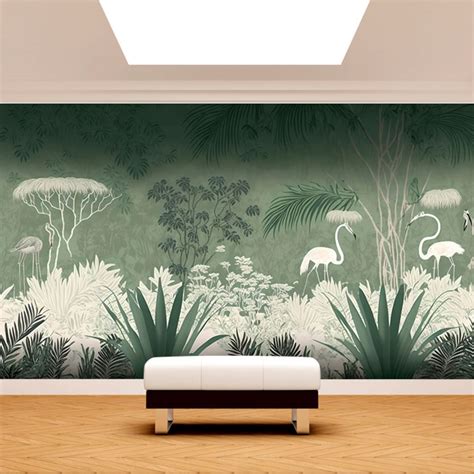 🥇 Wall mural or wallpaper vintage style drawing with flamingos and ...