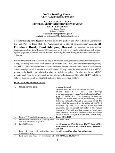 Fillable Online Notice Inviting Tender At Foreshore Road Ramkrishtopur