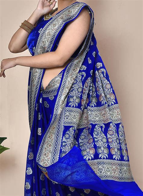 Buy Royal Blue Pure Chiffon Georgette Zari Work Saree Festive Wear