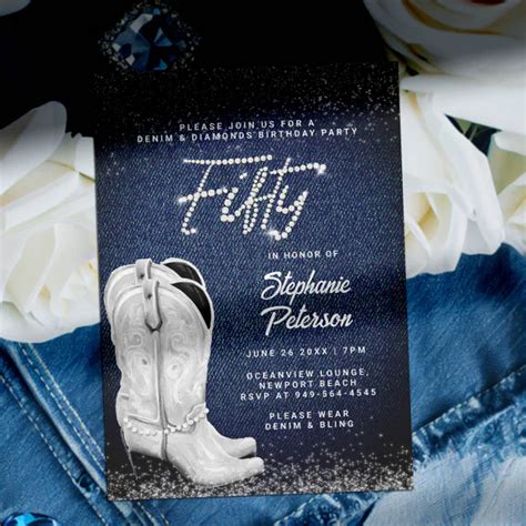 Denim Diamonds Script Cowgirl Boots 50th Birthday Invitation Zazzle