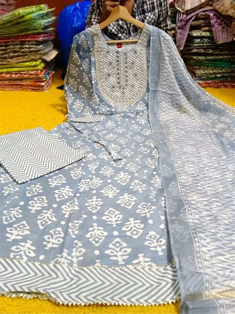 Cotton Sky Blue Anarkali Kurti Pant Dupatta Set Size Large Gsm