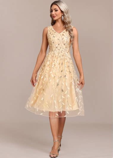 ROTITA Embroidery Champagne V Neck Sleeveless Dress Rotita USD