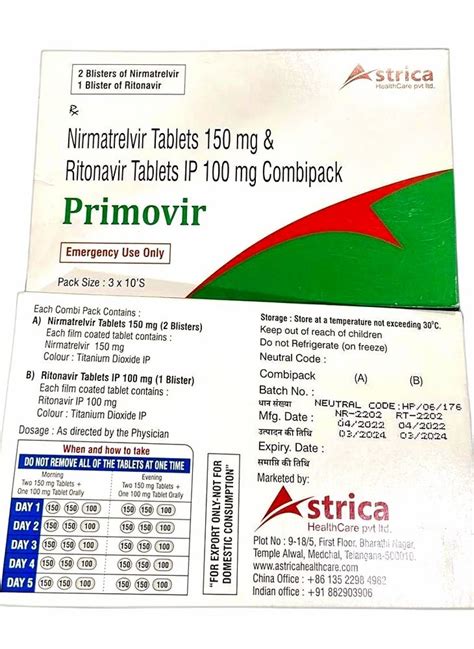 Primovir Paxlovid Nirmatrelvir Mg Rotonavir Mg