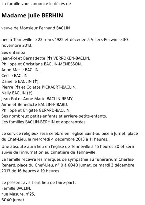 Avis de décès de Julie BERHIN décédé le 30 11 2013 à Villers Perwin