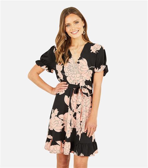 Mela Black Floral Frill Wrap Mini Dress New Look