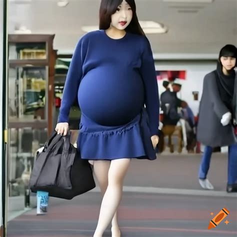 Photo Of A Heavily Pregnant Japanese Girl In Stylish Outfit