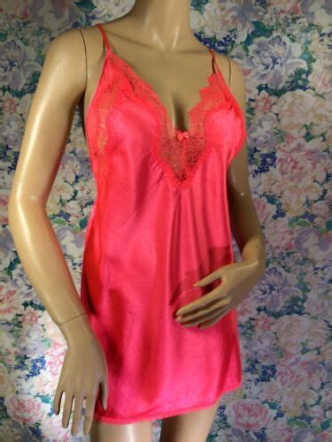Victoria Secret Satin Chemise Babydoll Neon HOT PINK Eyelash Lace Medium EBay
