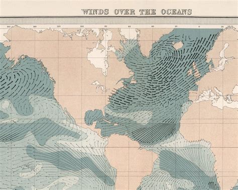 Winds Over the Oceans Map Print, Atlas of Meteorology, World Map ...