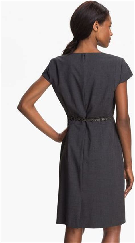 Tahari Shelly Ruffle Front Belted Sheath Dress In Gray Charcoal Grey