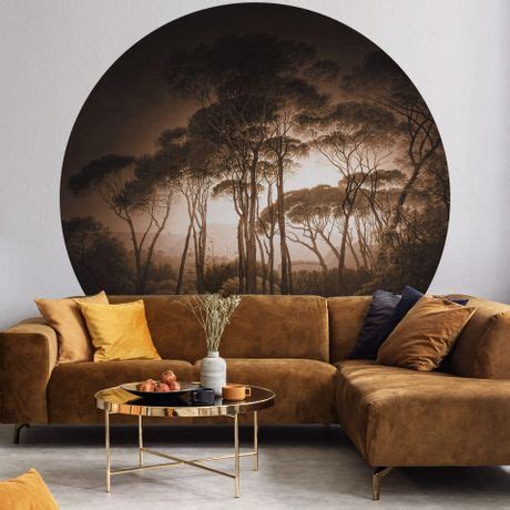 Round Wallpaper Voogd Italian Landscape With Umbrella Pines Sepia