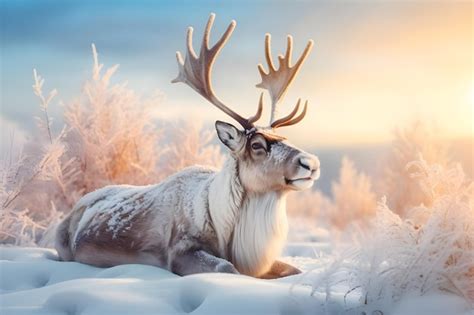 Premium AI Image | Wild reindeer with antlers on snowy field in winter ...