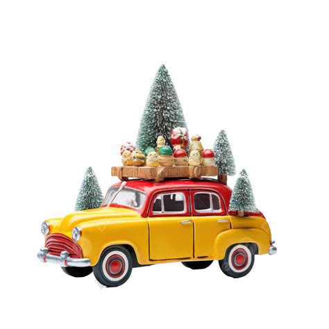 Red Santa Car With In Yellow Winter Cap And Christmas Tree Forest With