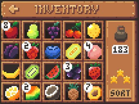 Pixel Fruits Inventory Cartoon Game Interface Screen With Fruits And