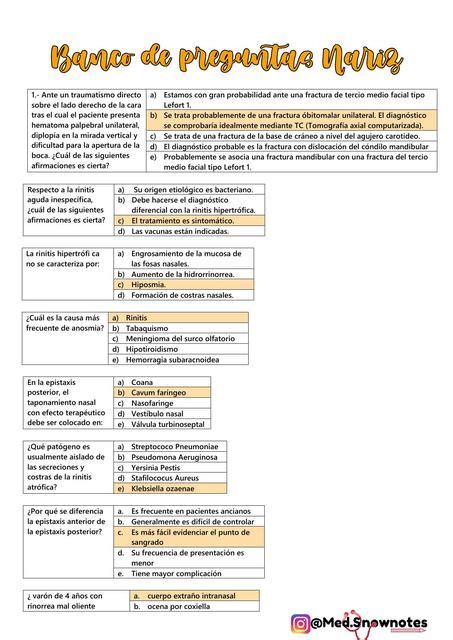 Banco De Preguntas Otorrino Nariz Med Snownotes Udocz