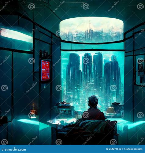 Futuristic Guy Room In Cyberpunk Dystopia Stock Illustration