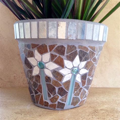 Mosaic Planter Rustic Flower Pot Outdoor Patio Pot Grey Etsy Mosaic