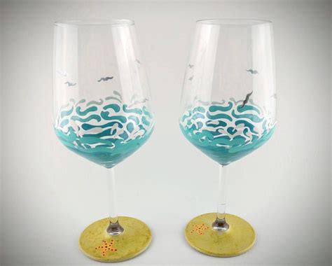 Beach Wine Glasses Hand Painted Stemmed Set Of Two Ocean Etsy