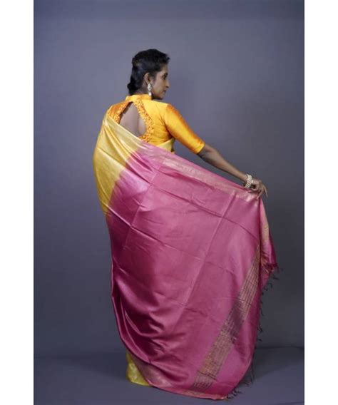 Yellow Shade Tussar Moonga Silk Saree With Blouse With Contrast Pallu