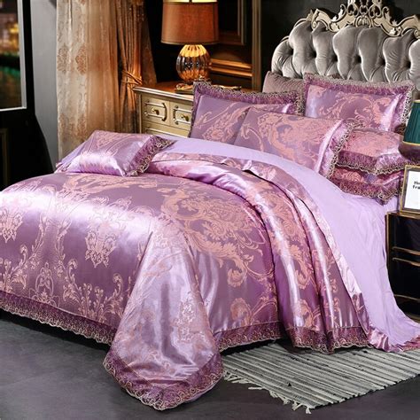 Flowers Jacquard Luxury Bedding Set Queenking Size Bed Set 4pcs Cotton Silk Lace Ruffles Duvet