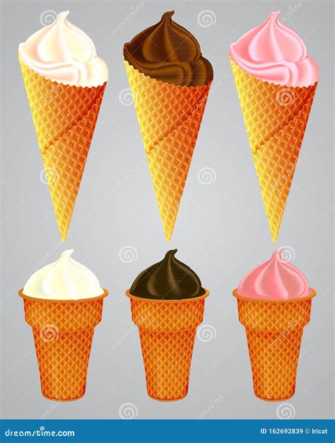 Set Of Realistic Ice Cream In Waffle Cones And Cups Stock Vector